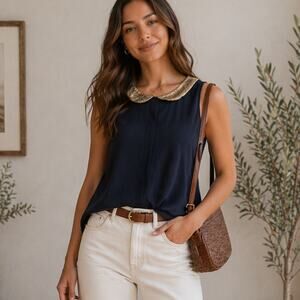Influence Tank Top Women's Size L Gold Collar Chiffon Black Preppy Business